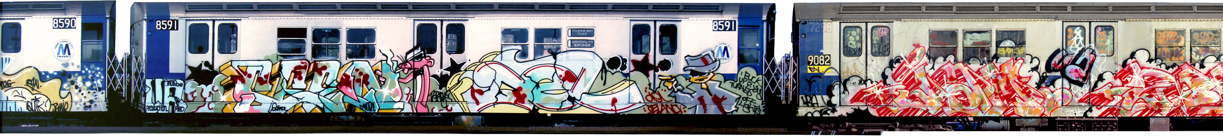 Graffiti-covered New York subway cars